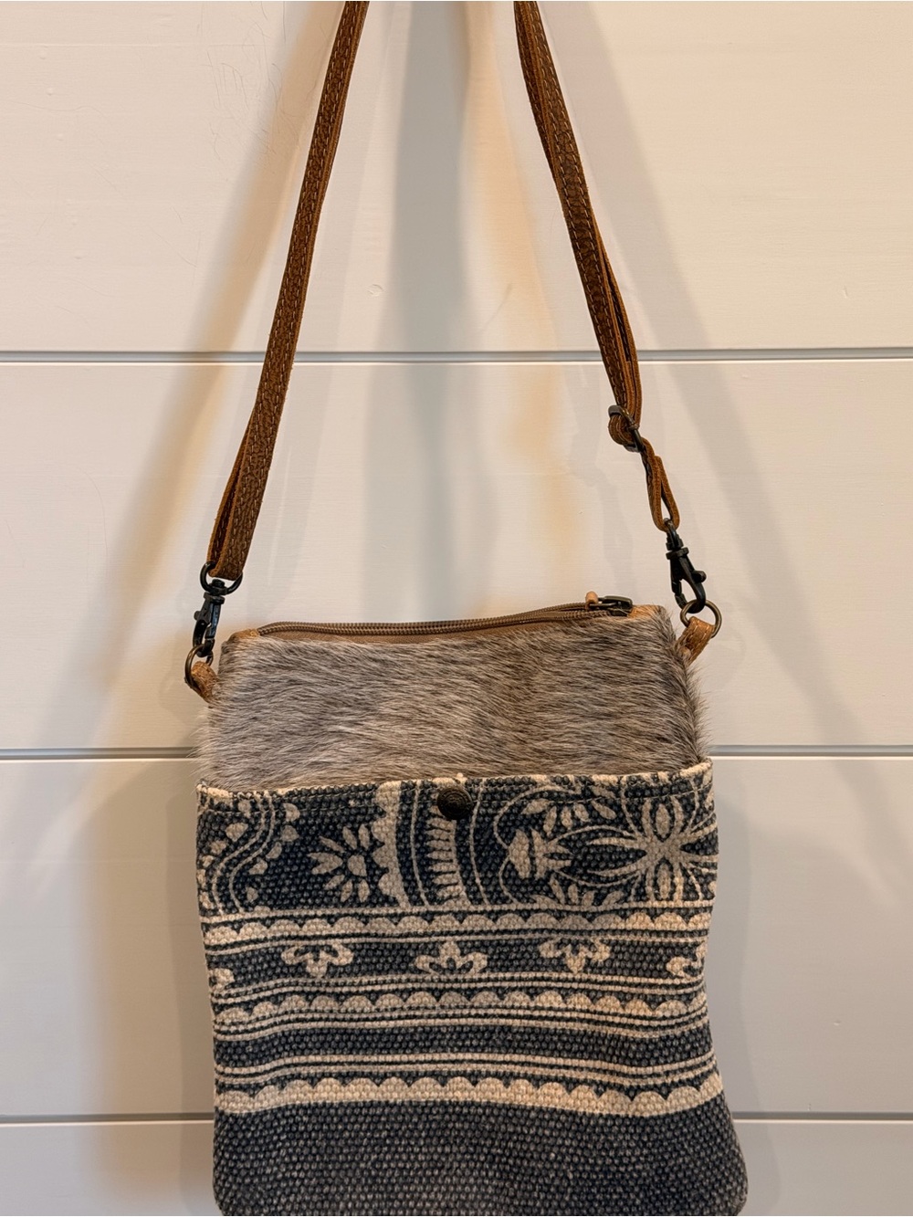 Myra Bag Grey Patterned Crossbody with Brown Strap and Faux Fur Trim